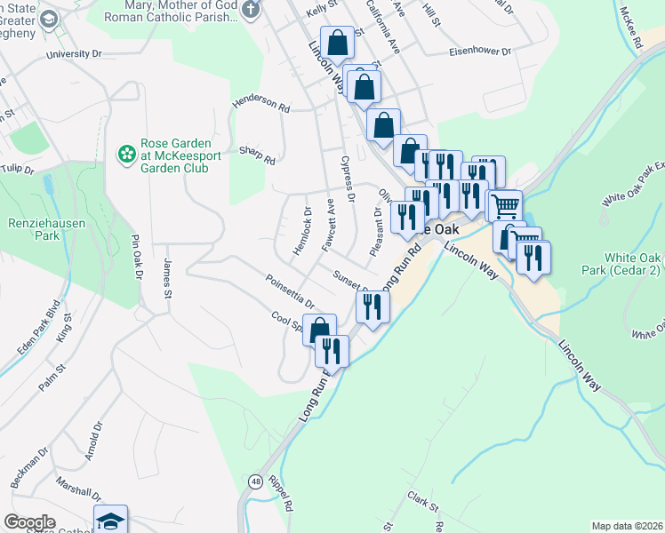 map of restaurants, bars, coffee shops, grocery stores, and more near 203 White Oak Drive in White Oak