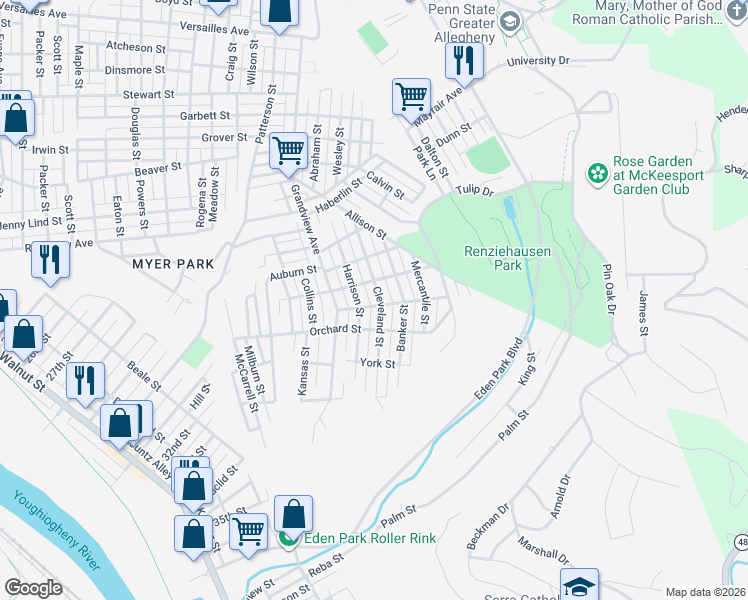 map of restaurants, bars, coffee shops, grocery stores, and more near 2409 Cleveland Street in McKeesport