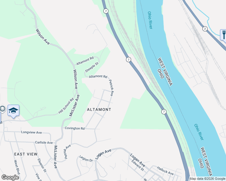 map of restaurants, bars, coffee shops, grocery stores, and more near 160 Altamont Road in Mingo Junction