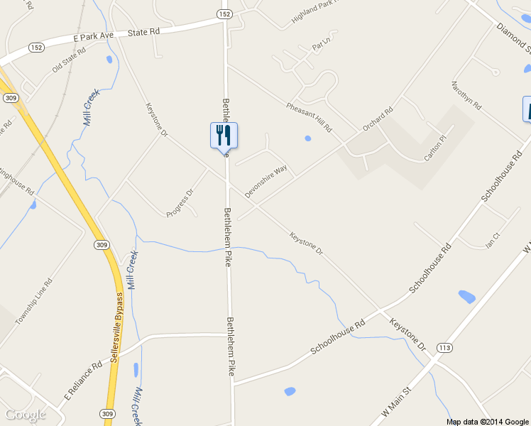 map of restaurants, bars, coffee shops, grocery stores, and more near 521 Keystone Drive in Sellersville