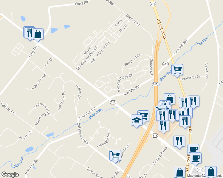 map of restaurants, bars, coffee shops, grocery stores, and more near 3460 Nancy Ward Circle in Doylestown