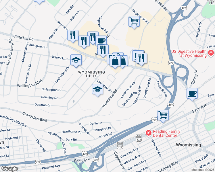 map of restaurants, bars, coffee shops, grocery stores, and more near 7 Lawndale Road in Reading