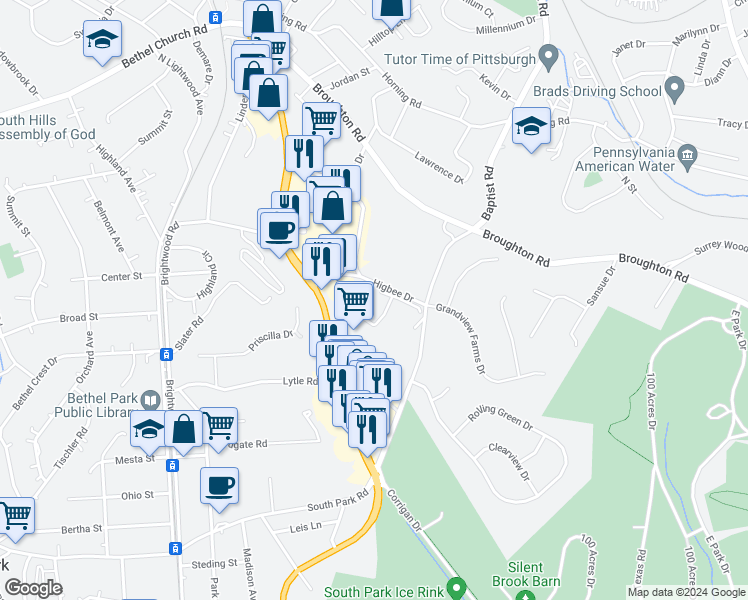 map of restaurants, bars, coffee shops, grocery stores, and more near 1001 Higbee Drive in Bethel Park