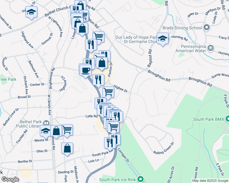 map of restaurants, bars, coffee shops, grocery stores, and more near 1001 Higbee Drive in Bethel Park