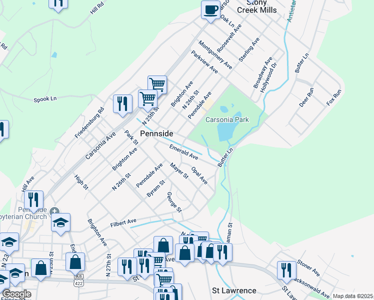 map of restaurants, bars, coffee shops, grocery stores, and more near 201 Emerald Avenue in Reading