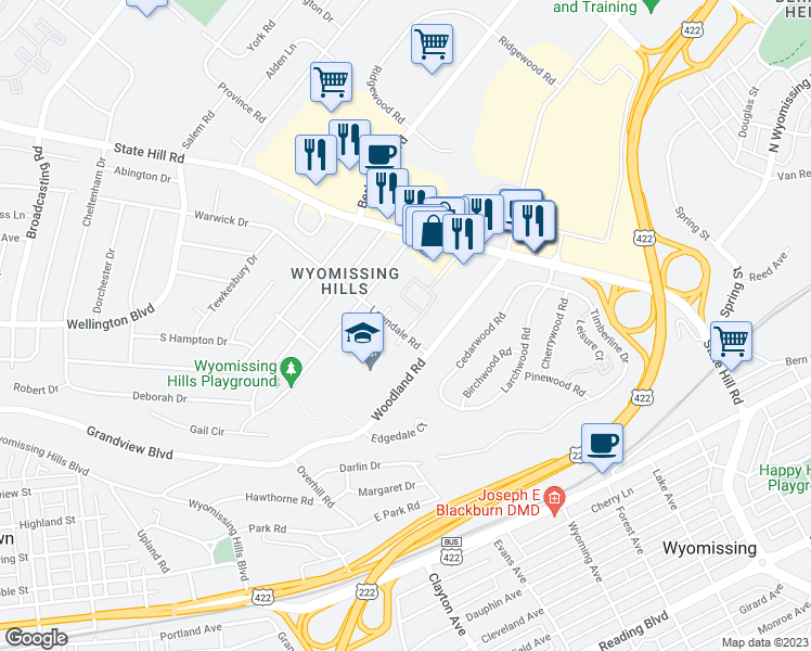 map of restaurants, bars, coffee shops, grocery stores, and more near 7 Lawndale Road in Reading