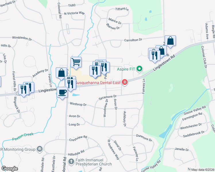 map of restaurants, bars, coffee shops, grocery stores, and more near 4400 Pennsylvania 39 in Harrisburg