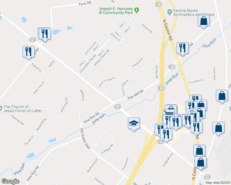 map of restaurants, bars, coffee shops, grocery stores, and more near 3601 Nancy Ward Circle in Doylestown