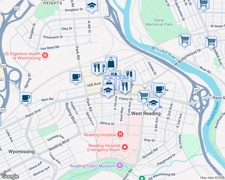 map of restaurants, bars, coffee shops, grocery stores, and more near 711 Penn Avenue in West Reading