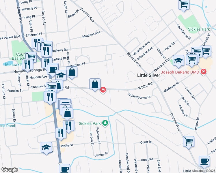 map of restaurants, bars, coffee shops, grocery stores, and more near 189 White Road in Little Silver
