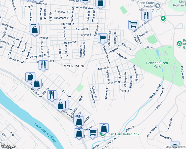 map of restaurants, bars, coffee shops, grocery stores, and more near 2315 Milburn Street in McKeesport
