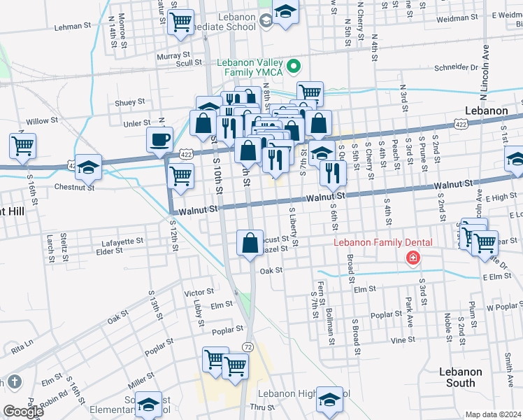 map of restaurants, bars, coffee shops, grocery stores, and more near 209 South Gannon Street in Lebanon