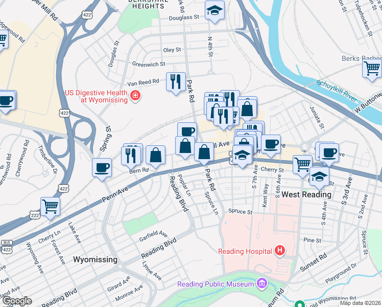 map of restaurants, bars, coffee shops, grocery stores, and more near 100 North Park Road in Wyomissing
