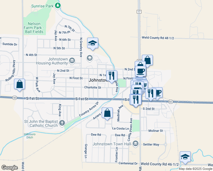 map of restaurants, bars, coffee shops, grocery stores, and more near in Johnstown
