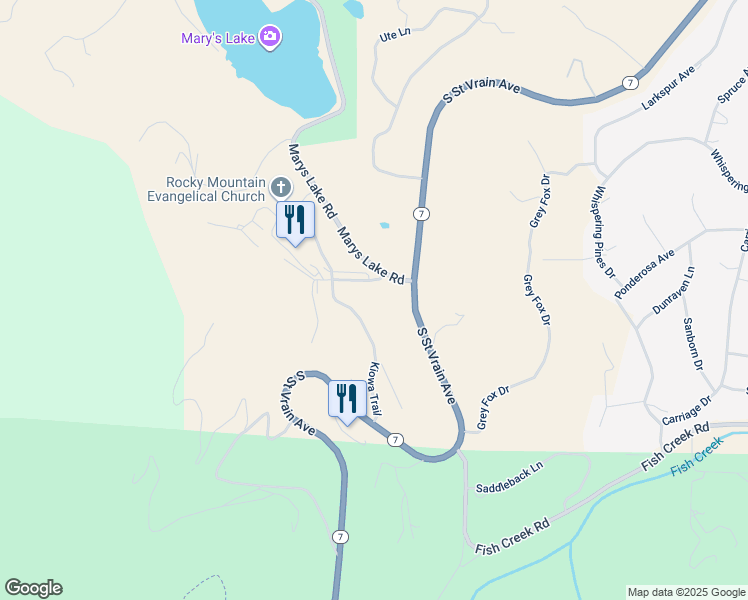 map of restaurants, bars, coffee shops, grocery stores, and more near 2840 Kiowa Trail in Estes Park