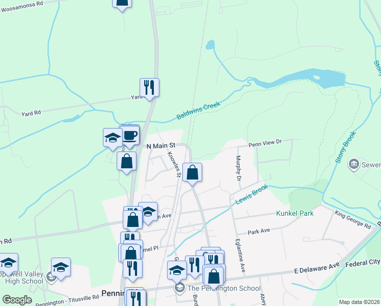 map of restaurants, bars, coffee shops, grocery stores, and more near 2 Silo Road in Pennington