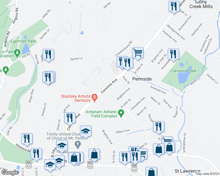 map of restaurants, bars, coffee shops, grocery stores, and more near 605 Carsonia Avenue in Reading