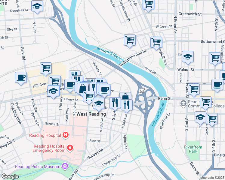 map of restaurants, bars, coffee shops, grocery stores, and more near 313 Reading Avenue in West Reading