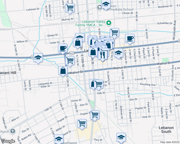 map of restaurants, bars, coffee shops, grocery stores, and more near 910 Walnut Street in Lebanon
