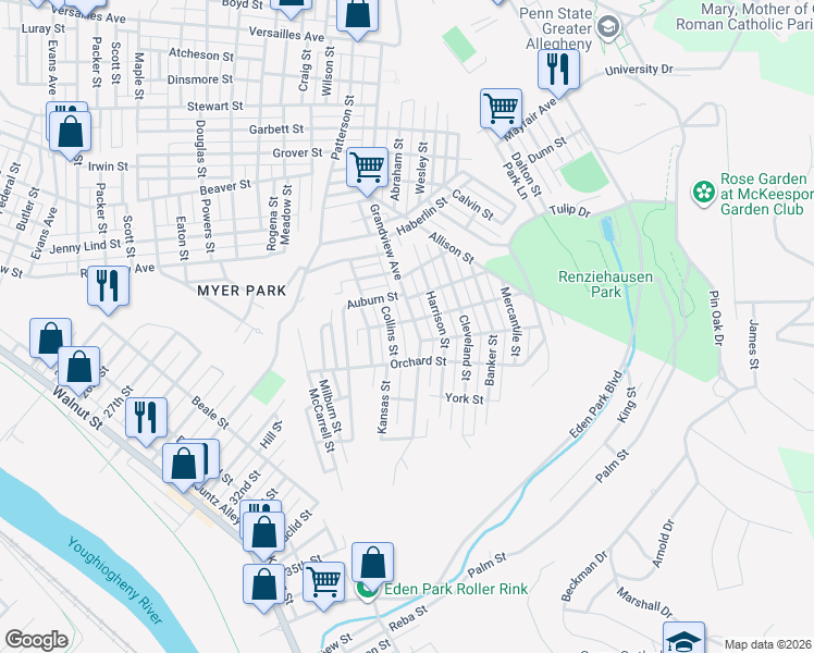 map of restaurants, bars, coffee shops, grocery stores, and more near 2321 Collins Street in McKeesport