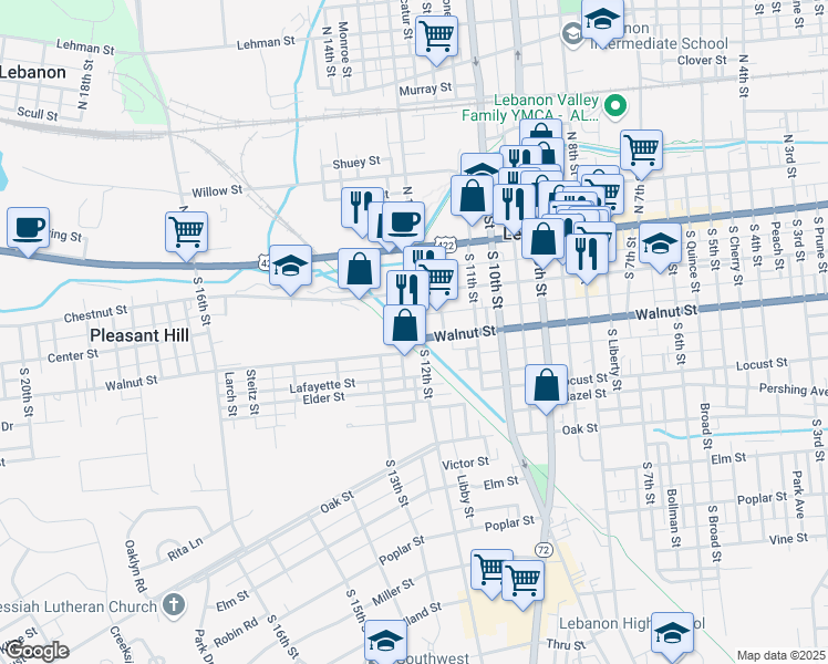 map of restaurants, bars, coffee shops, grocery stores, and more near 135 South 12th Street in Lebanon
