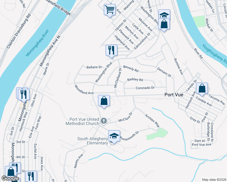 map of restaurants, bars, coffee shops, grocery stores, and more near 1310 McClelland Drive in McKeesport
