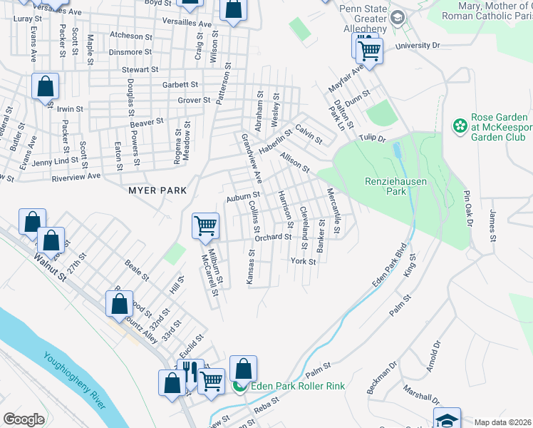 map of restaurants, bars, coffee shops, grocery stores, and more near 2321 Collins Street in McKeesport