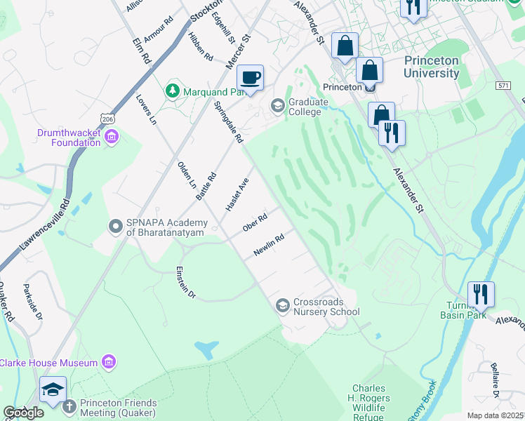 map of restaurants, bars, coffee shops, grocery stores, and more near 1 Ober Road in Princeton
