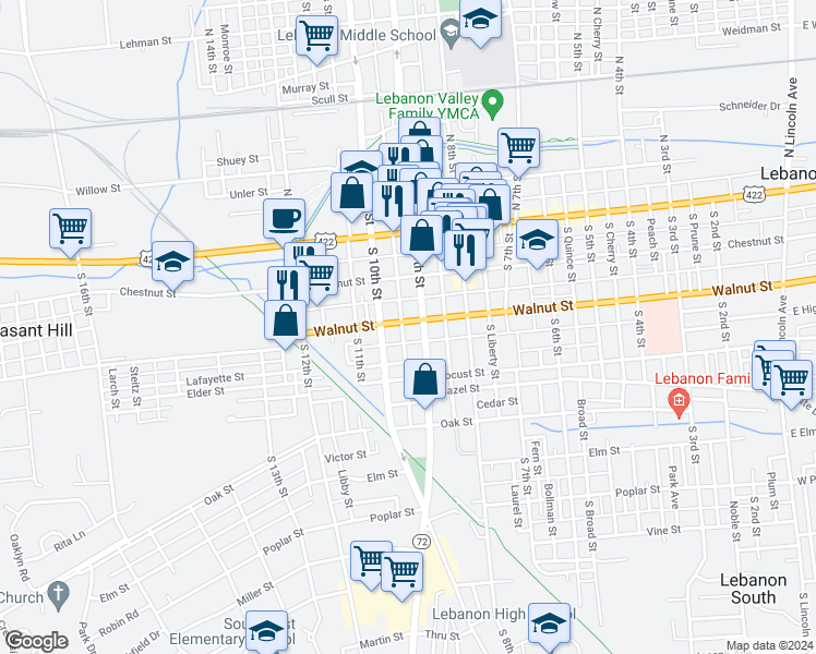 map of restaurants, bars, coffee shops, grocery stores, and more near 912 Walnut Street in Lebanon