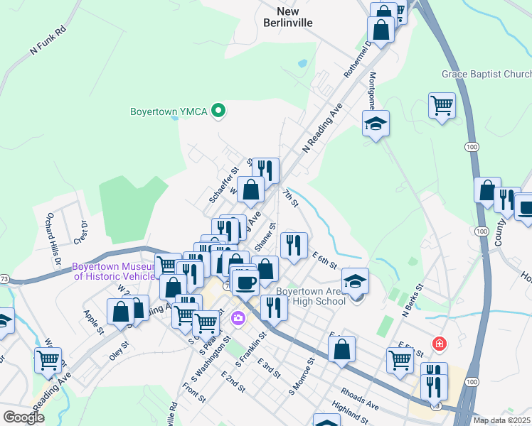 map of restaurants, bars, coffee shops, grocery stores, and more near 200 North Reading Avenue in Boyertown