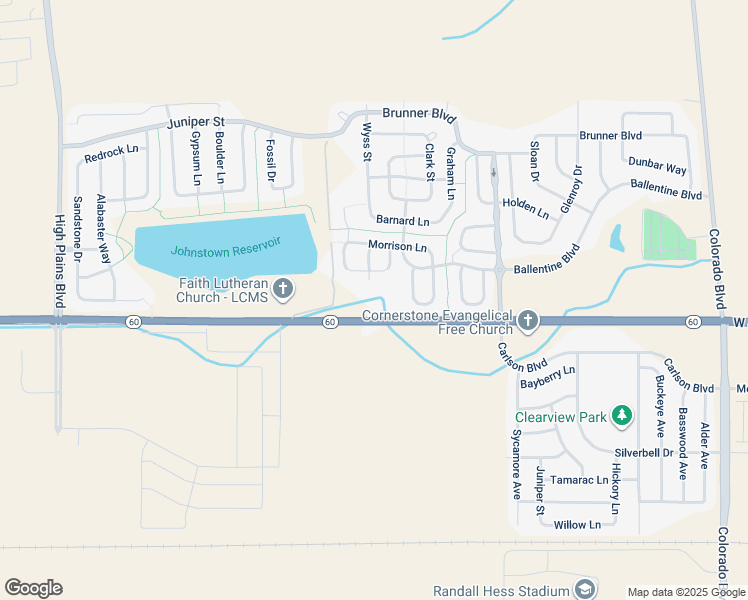 map of restaurants, bars, coffee shops, grocery stores, and more near 5255 Highway 60 in Johnstown