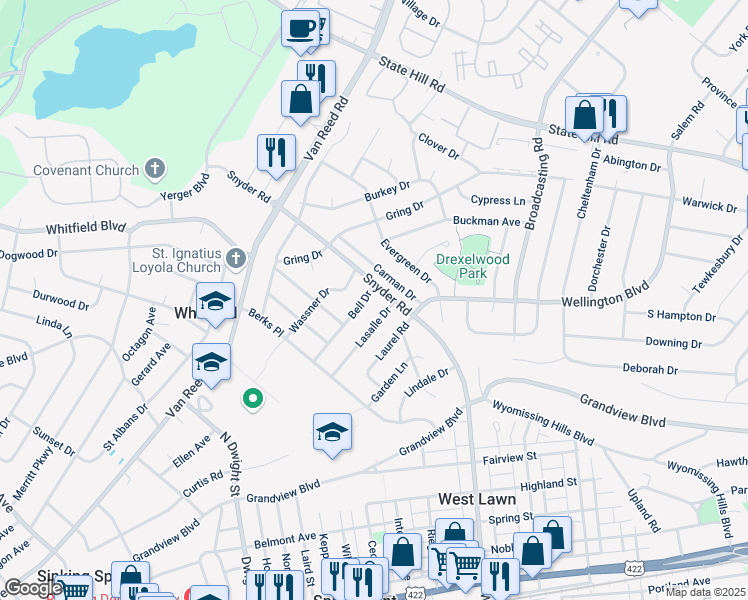 map of restaurants, bars, coffee shops, grocery stores, and more near 2302 Bell Drive in West Lawn