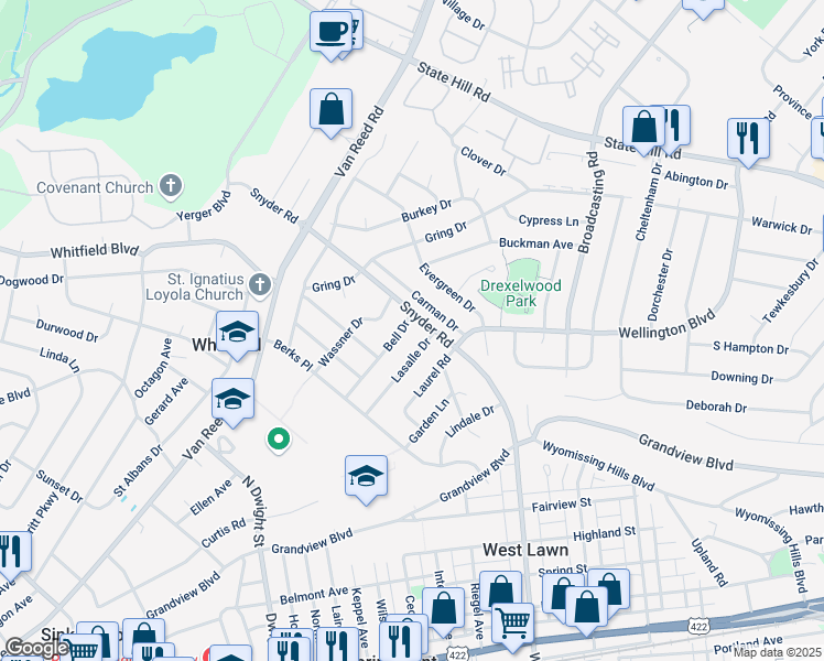 map of restaurants, bars, coffee shops, grocery stores, and more near 2302 Bell Drive in West Lawn