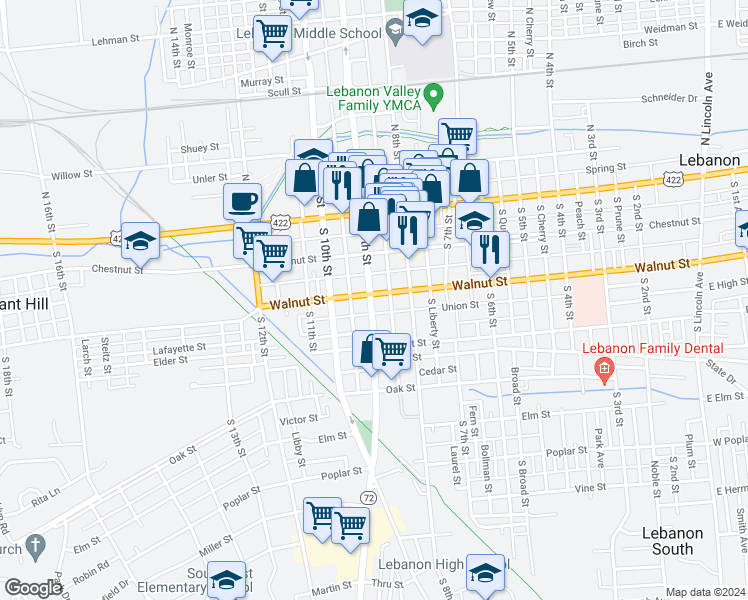 map of restaurants, bars, coffee shops, grocery stores, and more near 204 South 9th Street in Lebanon