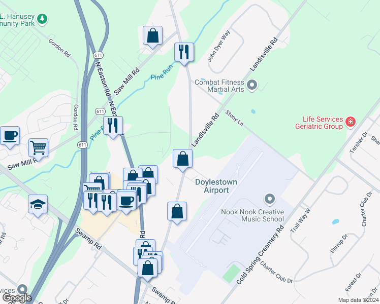map of restaurants, bars, coffee shops, grocery stores, and more near 3901 Old Easton Road in Doylestown