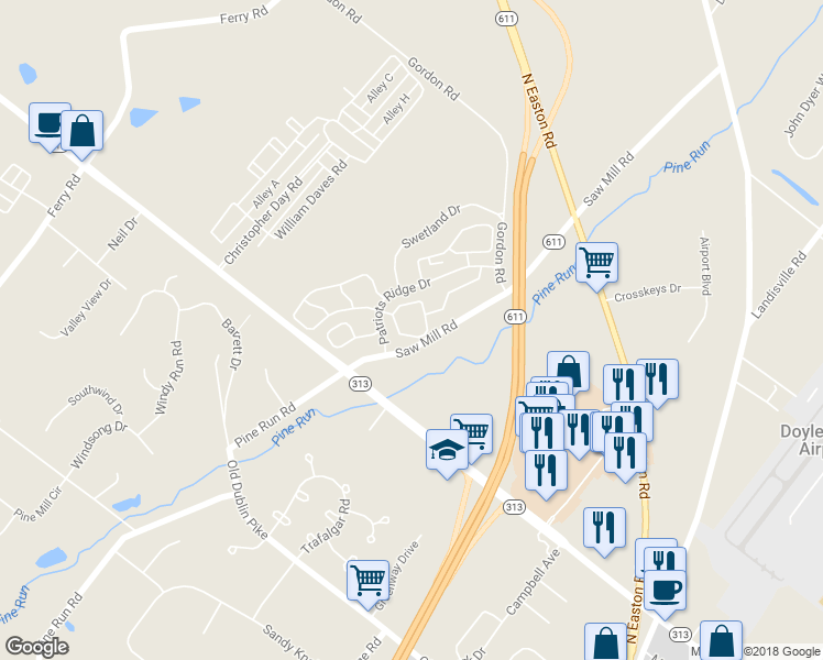 map of restaurants, bars, coffee shops, grocery stores, and more near 3911 Captain Molly Circle in Doylestown
