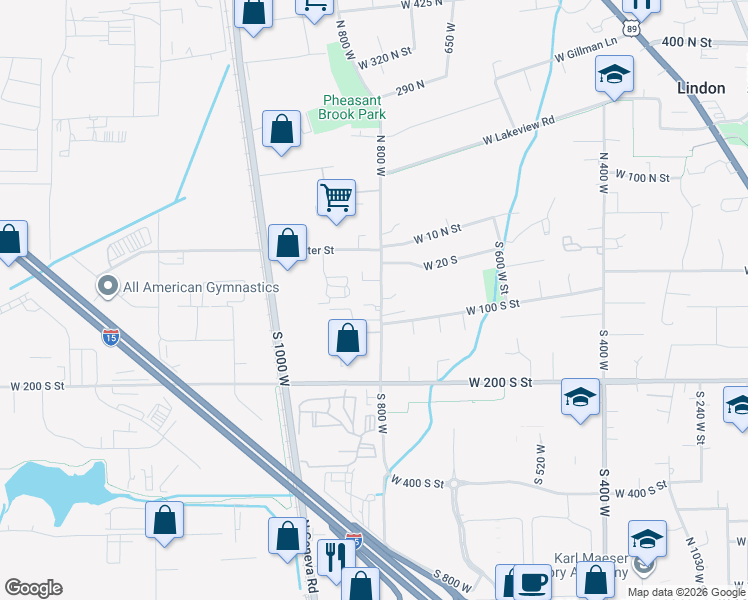 map of restaurants, bars, coffee shops, grocery stores, and more near 86 South 800 West in Lindon