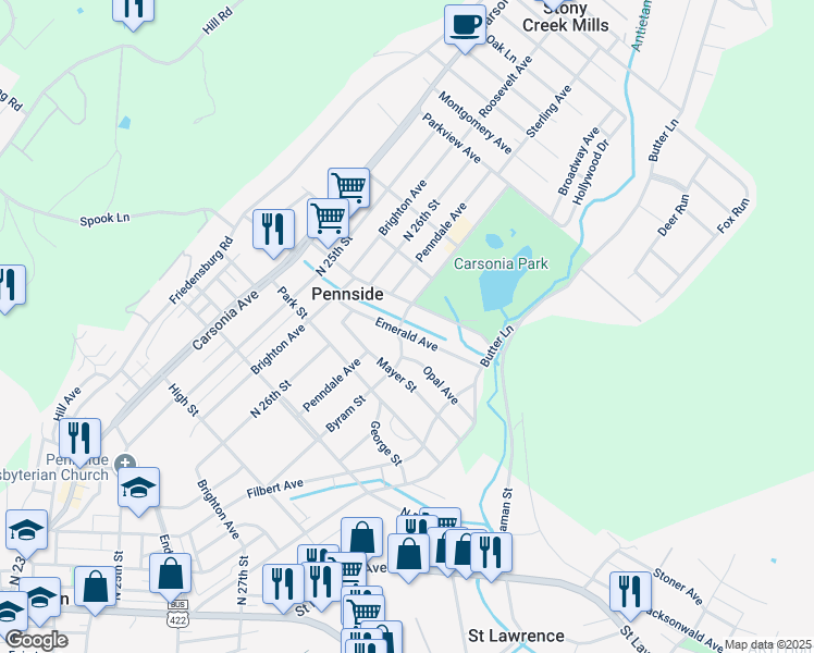 map of restaurants, bars, coffee shops, grocery stores, and more near 201 Emerald Avenue in Reading