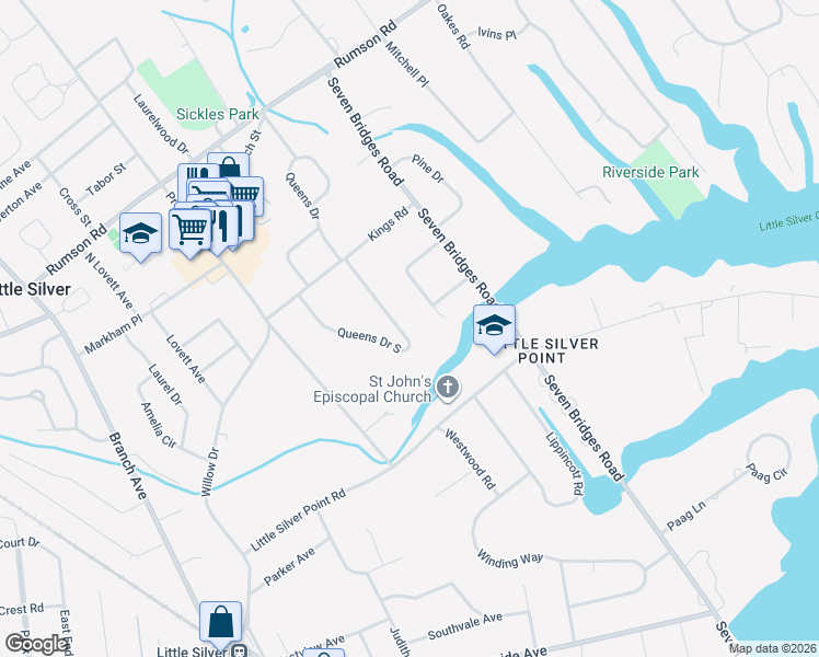 map of restaurants, bars, coffee shops, grocery stores, and more near 132 Queens Drive South in Little Silver