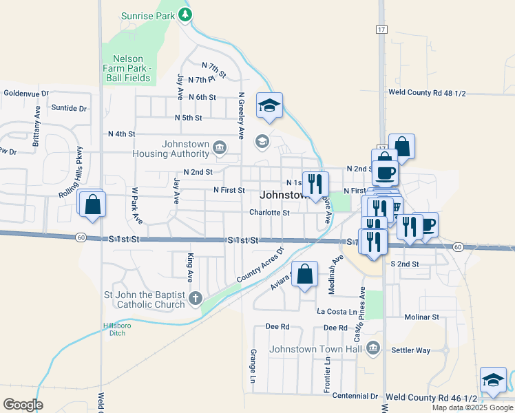 map of restaurants, bars, coffee shops, grocery stores, and more near 701 Charlotte Street in Johnstown