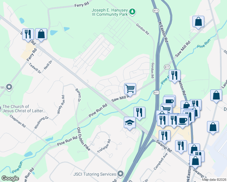 map of restaurants, bars, coffee shops, grocery stores, and more near 3623 Nancy Ward Circle in Doylestown