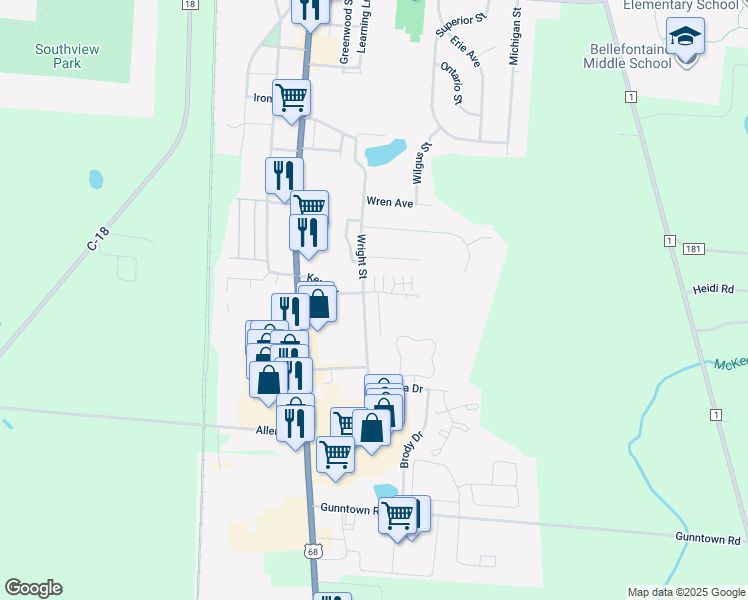 map of restaurants, bars, coffee shops, grocery stores, and more near 1625 Wright Street in Bellefontaine