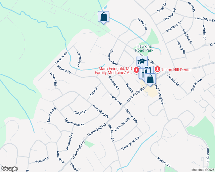 map of restaurants, bars, coffee shops, grocery stores, and more near 9 Rowena Road in Manalapan Township