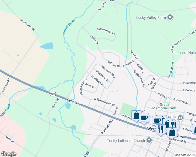 map of restaurants, bars, coffee shops, grocery stores, and more near 579 West Wilson Avenue in Wernersville
