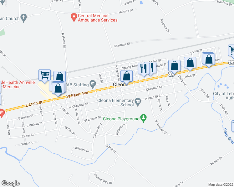 map of restaurants, bars, coffee shops, grocery stores, and more near 17 West Chestnut Street in Cleona