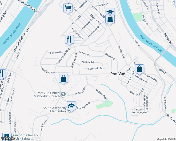 map of restaurants, bars, coffee shops, grocery stores, and more near 1316 Coronado Drive in McKeesport