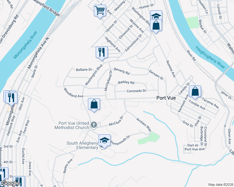 map of restaurants, bars, coffee shops, grocery stores, and more near 1204 Barkley Road in McKeesport