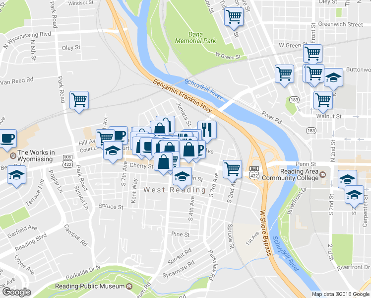 map of restaurants, bars, coffee shops, grocery stores, and more near 414 Reading Avenue in West Reading