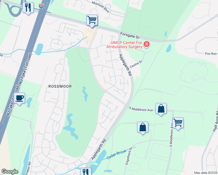 map of restaurants, bars, coffee shops, grocery stores, and more near 117N Old Nassau Road in Monroe Township