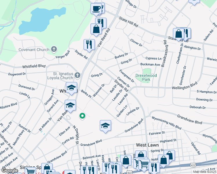 map of restaurants, bars, coffee shops, grocery stores, and more near 2306 Wassner Drive in West Lawn